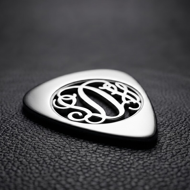 Custom Interlocking Script Monogram Jewelry - Personalized Sterling Silver Guitar Pick - Nickel Free Cut Out Music Gift for Husband or Dad image 5