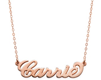 Custom Made Carrie Style Nameplate Necklace select any name to Personalize in 18k Rose Gold plated 925 Sterling Silver NICKEL FREE