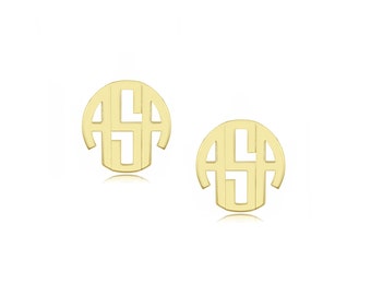 14k solid yellow gold Initials earrings, block 1/2" monogram earrings, personalized earrings, custom made 3 initials stud NICKEL FREE