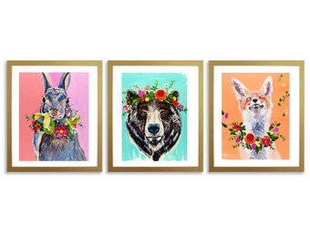 Woodland Animals Wall Art, Rabbit, Bear, Fox, Flowers, Girl Nursery Decor, Digital Prints, 11x14, Willow Branch Studio