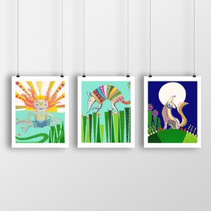 Colorful Nursery Animal Art, Mexican Folk Art, Coyote, Armadillo, Axolotl, 8x10 Wall Art Prints