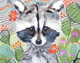 Baby Raccoon Animal Print, Abstract Floral, Nursery, Kids Room Decor, Boy, Girl