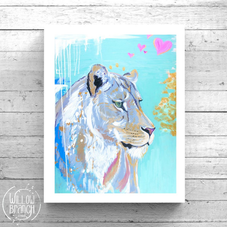 Lioness Print, Girls Room Decor, Teal, Gold, Wall Art, Nursery Art, 12x15, Willow Branch Studio, Gift for her Bild 2