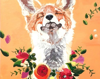 Woodland Fox Print, Flowers, Wall Art Print, Nursery Decor, Orange, 11x14, Willow Branch Studio, Gift for her