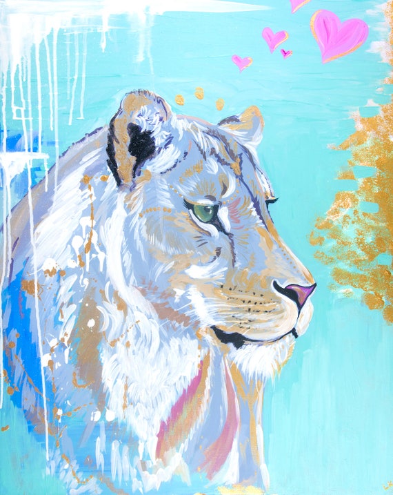 Lioness Print, Girls Room Decor, Teal, Gold, Wall Art, Nursery Art