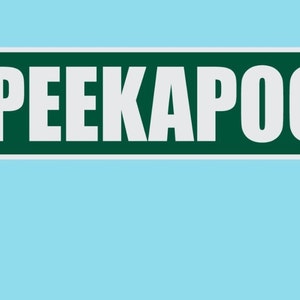 May include: A green street sign with white text that reads "PEEKAPOO PL". The sign is attached to a metal pole.