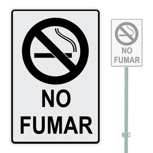 May include: A white sign with black text and a black circle with a diagonal line through it. The circle contains a cigarette with smoke coming from it. The sign reads "NO FUMAR".