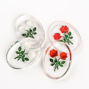 1, 2 or 4 Vintage German clear glass rose cameos with hand painted cut flowers, 2 colors, oval 40x30 mm - E14.1