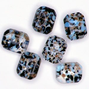 May include: Six rectangular glass beads with a blue, white, and gold speckled pattern.