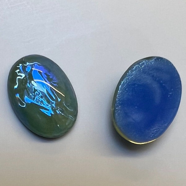 2 cabochons vintage en verre opale bleu-vert, Tchécoslovaquie - 18x13 mm - B22.N032