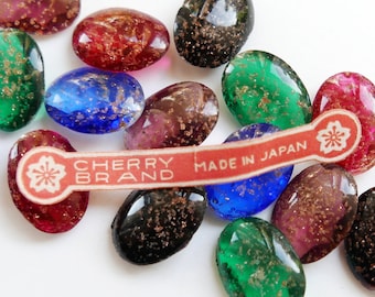 6 or 20 Vintage Japanese Cherry Brand Glass Stones, Transparent with Gold Flake, 5 COLORS - 18x13 mm Oval - B57