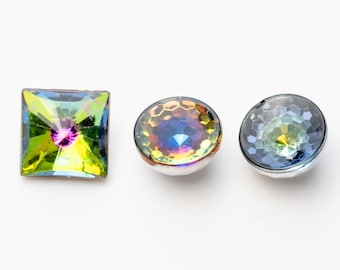 2 Vintage glass half circled square multi color prism stones, or rainbow stones - 3 colors - 14 mm  - C26.N066