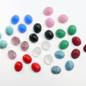 6, 8 or 12 Vintage Egyptian Scarab Glass Cabochon, Flat Back with Hieroglyphs, 6 Colors - 14 x 10 mm and 16 x 12 mm - C43.1