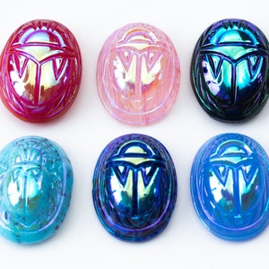 2 or 4 Vintage Cherry Brand Scarab Aurora Borealis stones, 7 colors, hieroglyphics on pressed back - 25x18mm, 18x13mm and 14x10mm - C47.N052