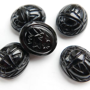 6 Vintage Cherry Brand Egyptian Scarab Glass Cabochon, Flat Back with Hieroglyphics - Jet Black - 12x10 mm - C44