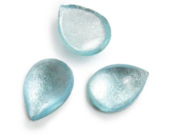 4 Vintage Cherry Brand glass cabochons, aquamarine with silver leaf, Japan 1960s – 18x13mm pear/teardrop - B51.2
