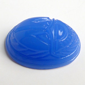 2 Vintage Cherry Brand Egyptian glass Scarab stones, large scarab, chalcedony blue, hieroglyphics on pressed back - 25 x 18 mm - C47