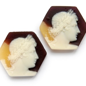 2 vintage Roman portrait cameos, made in Japan for Swank - 20 mm hexagon - A68.8