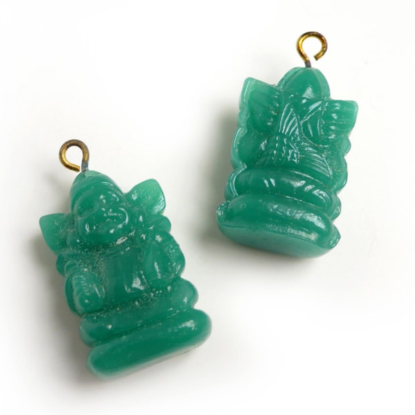 4 Vintage Japanse Billiken Jade Glazen Bedel/Hanger, set Japan, met koperen lus - 26 x 16 mm - B76.1