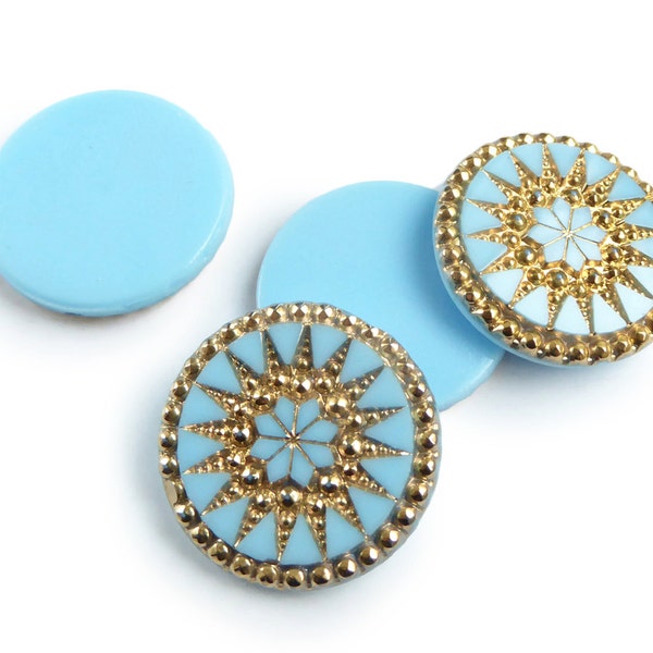 Vintage German Turquoise Sunstone Glass with Real Gold Detail - 26mm -(2pc)- C55.1