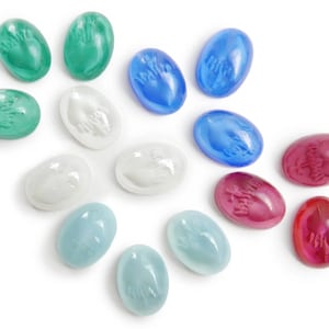 4 Vintage glass moonstone cabochons, religious, Bleeding Heart with Cross - 5 colors - 18x13 oval - B24