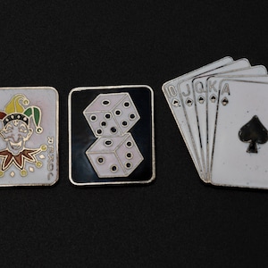 1 vintage glasembleem Royal Flush, Lucky 7 en Joker - 22 x 18 mm - H5
