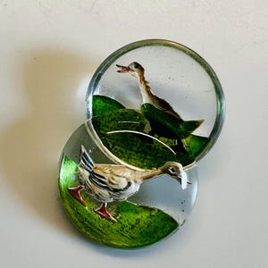 Könnte beinhalten: Zwei Glas-Papierschwerter mit grünem Hintergrund und einem gemalten Bild eines Entchens auf jedem. Das Entchen auf dem oberen Papierschwert blickt nach rechts und das Entchen auf dem unteren Papierschwert blickt nach links.