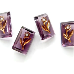 4 Vintage/Antieke kleine glasdiepdrukken, handgesneden bloemenpatroon met bladgoud - 11 x 7,5 mm - M25