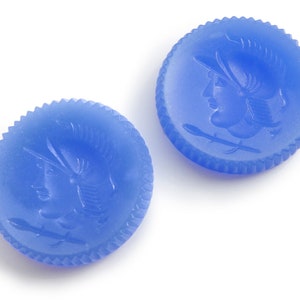 2 Vintage Warrior Cameos, Chalcedony Blue, German Glass Intaglio - 24 mm - A63.1