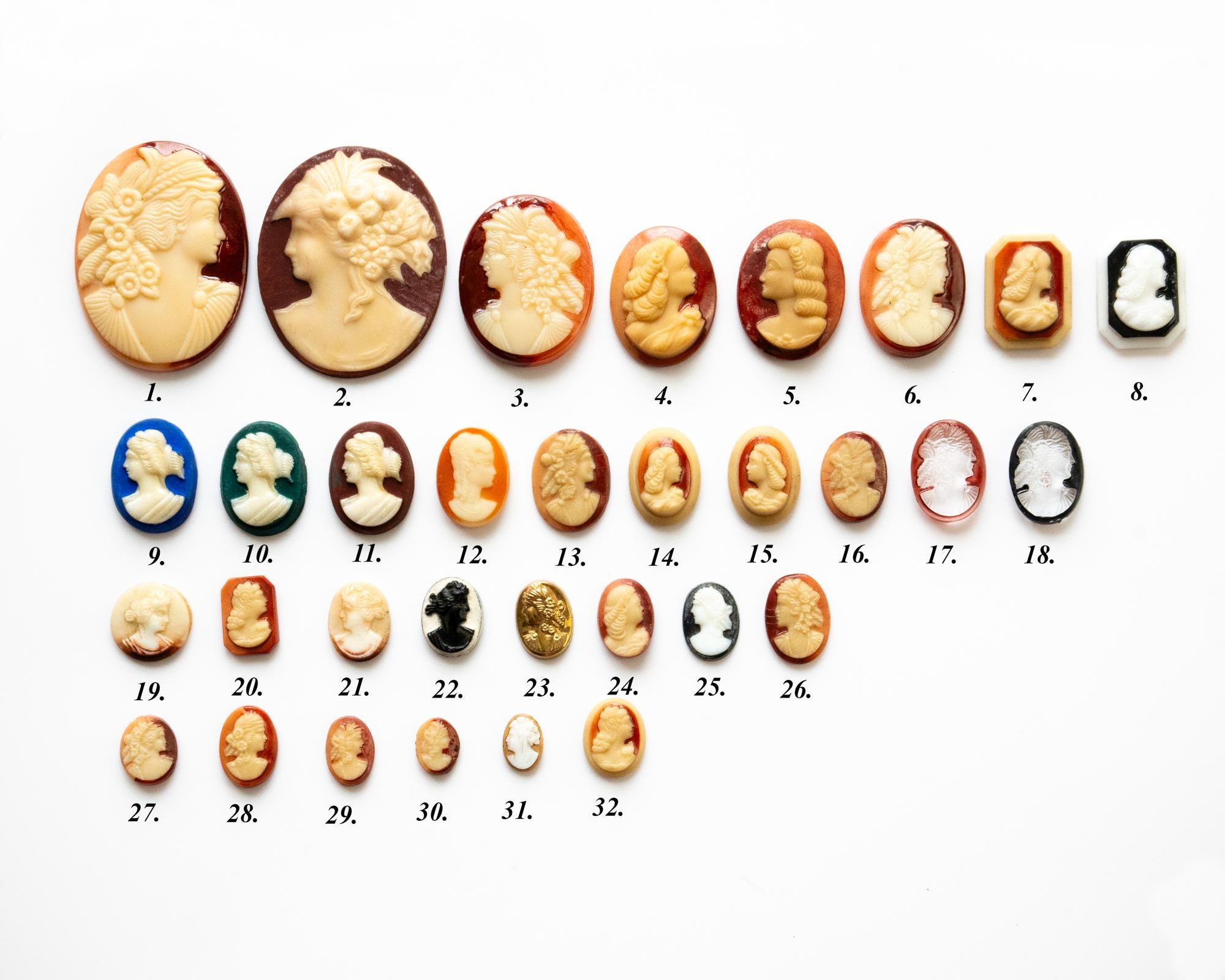 ヴィンテージ アンティーク 手描きカメオ石 - 32デザイン/サイズ - (1