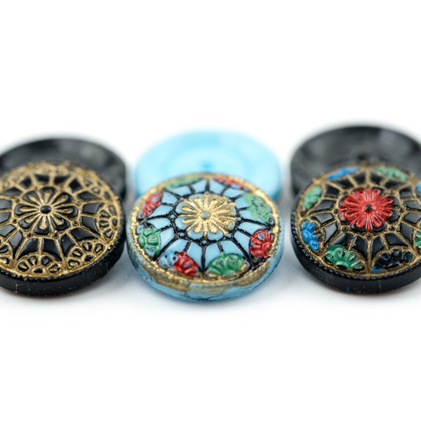 2 or 4 Vintage German hand-painted glass stones, real gold details - 3 COLORS - 18 mm - C53.N009