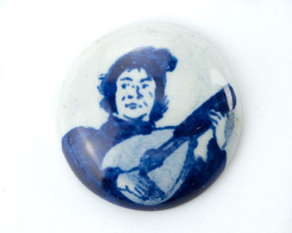 vintage Delftsblauwe Franse nekcameeën, porselein, ronde cabochon - 25 mm - A50.N08