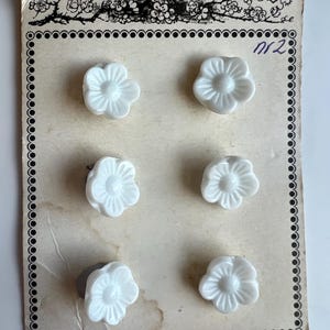 Puede incluir: Una tarjeta con seis botones blancos en forma de flor. La tarjeta tiene un borde blanco y negro con un diseño floral y el número "M2" impreso en ella.