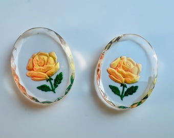 Vintage German Glass Rose Cameo: Hand-Painted Flower Cabochon (40x30 mm) - E14.2