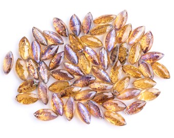 Pierres de navette vintage verre opale allemande : souffle de dragon violet brillant (15 x 7 mm) - B28.N030