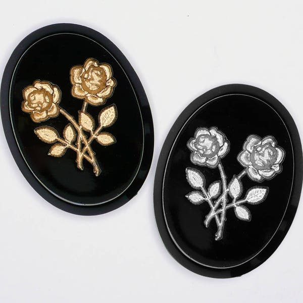 2 Cammei vintage tedeschi in vetro nero con fiori recisi dipinti a mano, oro o argento, ovali 40x30 mm - E14