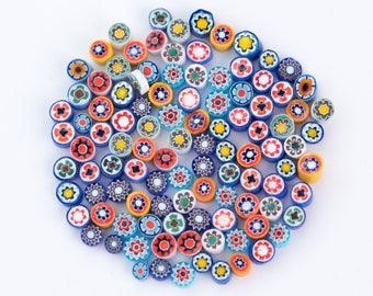 60 or 1200 Vintage Millefiori Murano miniature glass flower cabochons, 70s , handmade in Italy - 14 colors - 5 mm - round - D36.3