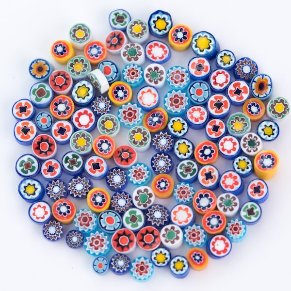 60 or 1200 Vintage Millefiori Murano miniature glass flower cabochons, 70s , handmade in Italy - 14 colors - 5 mm - round - D36.3