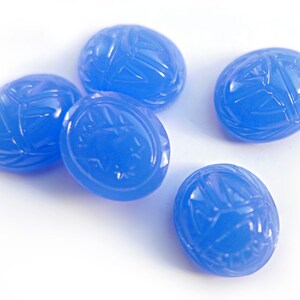 6 Vintage Cherry Brand Egyptian Scarab Glass Cabochon, Chalcedony Blue, flat back with Hieroglyphics - 12x10 mm - C44