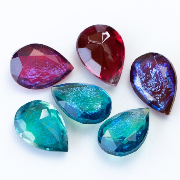 2 Vintage Mexican Opals, Dragon's Breath, glass, light green, aqua and red - facet cut back - pear - 14 x 10 mm - E27.N036