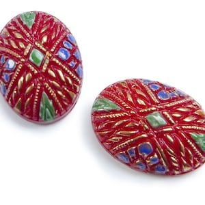 4 Vintage German hand-painted glass stones, real gold leaf – red - 18x13 mm - oval - C54.1