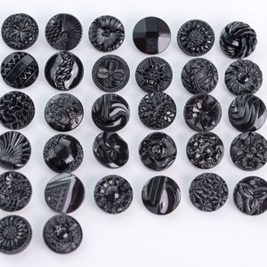 4 Czech antique vintage glass hand pressed  black buttons with different pattern, 18mm- BB001