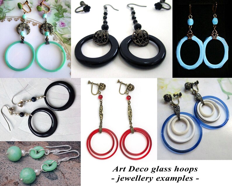 May include: A collection of Art Deco glass hoop earrings in various colours and styles, including black, red, blue, and green. The earrings feature different designs, such as single hoops, double hoops, and triple hoops. The earrings are all made of glass and have a vintage look.