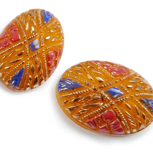 4 Vintage German hand-painted glass stones, real gold leaf –Yellow/orange - 18x13 mm - oval - C54.1
