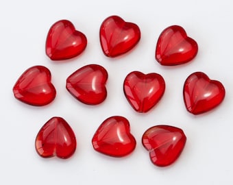 12 Vintage Czech Glass Red Heart Beads - 15 x 15 mm - K4