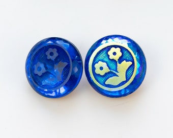 Vintage Blue Sapphire Glass Stone: Raised Flower Design, 18mm (2 pcs)  G2.N018