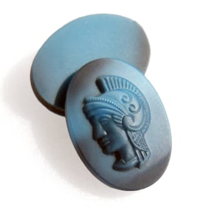4 Vintage Greek Warrior Cameos Trojan, blue matte glass – 18x13 oval - A62