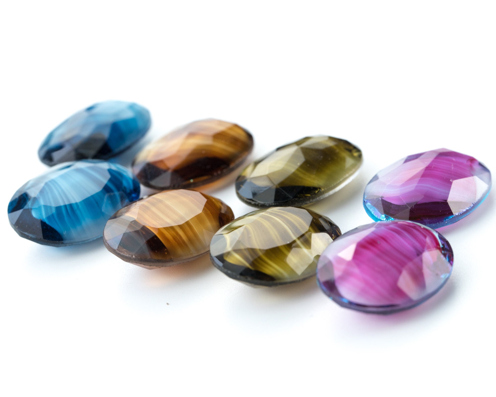 2 Vintage Large Porphyry Stones, candy color - blue, brown, rose, green - 30x22mm - oval - C63.N028