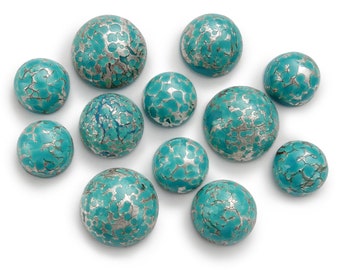 4, 6, 8 of 24 Vintage 'Silver Carbuncle' cabochons, Japans turquoise glas met zilveren matrix - 3 MATEN - rond - B15