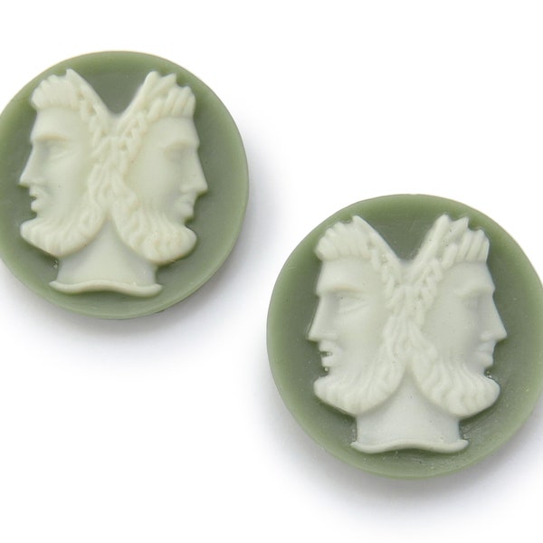 4 Vintage Roman double portrait resin cameos, God Janus, green and white intaglio, made in Japan for Swank - 21 mm - A68.7